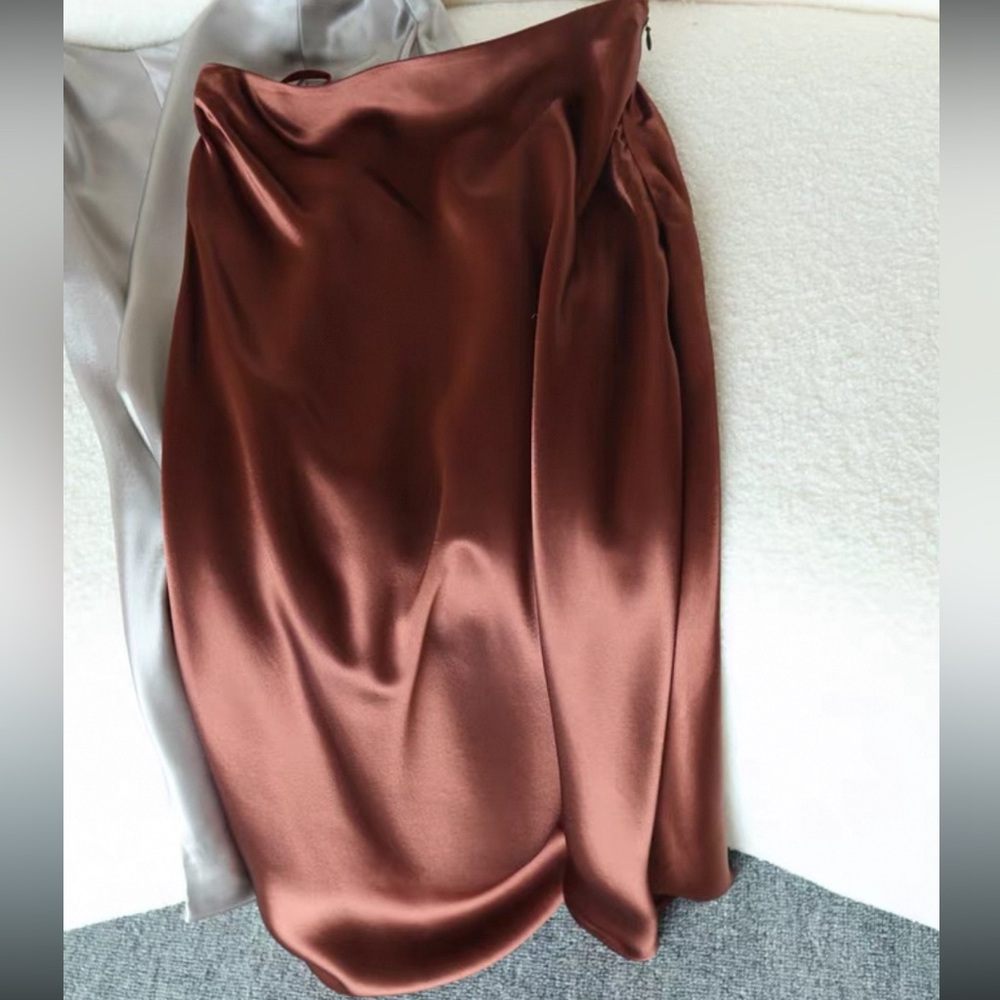 Brown satin shine midi Skirt 0